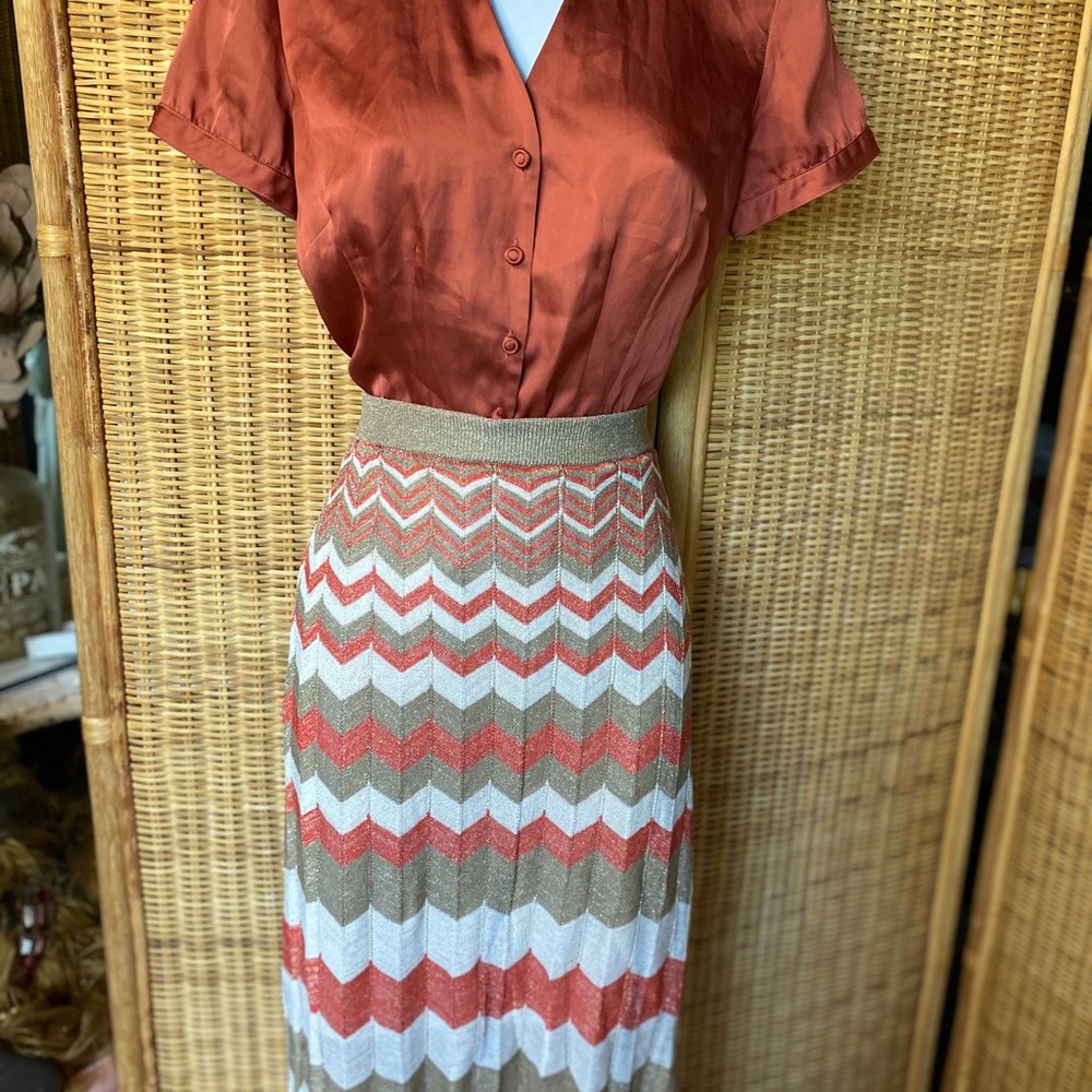 Chevron Patterned Skirt - Rust Ivory , and gold